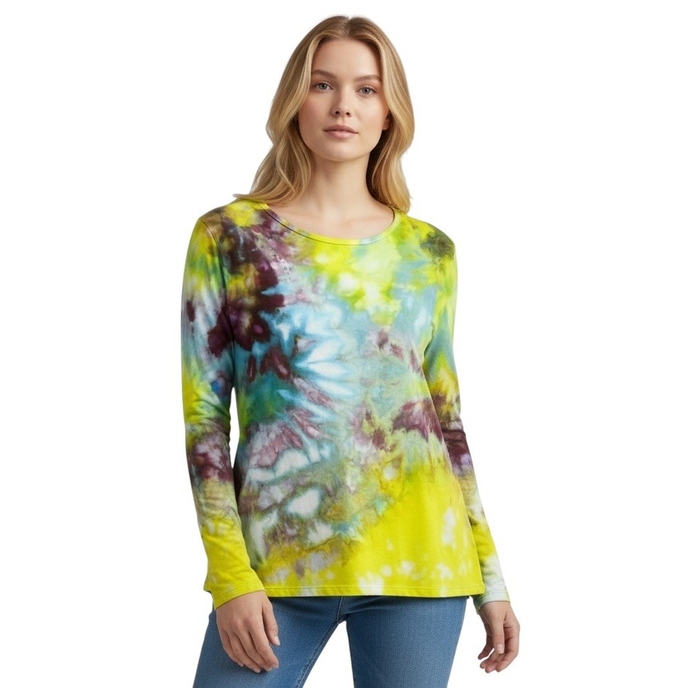 Old Navy Small Petite Top Handmade Tie Dye Luxe Long Sleeve Yellow Blue Boho 151